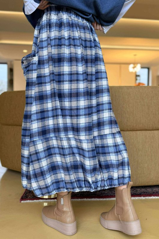 Roberta Plaid Brushed Cotton Balloon Hem Skirt Highland Blue